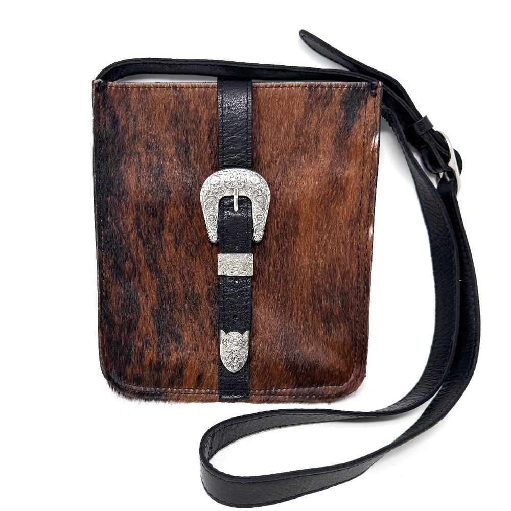 Patricia Nash Venezia CavalinoBlack Leather Brown Calf Hair Buckle Crossbody Bag